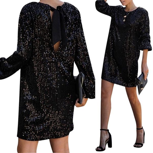 

casual dresses women sequined backless dress spring fashion long sleeves straight mini dressfor party cocktail club d30, Black;gray