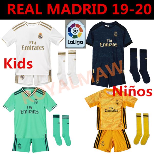 

new 2019-20 real madrid kids full kit with socks 19-20 home away 3rd uniform set rm child soccer jersey youth junior 7 hazard gk 13 courtois, Black
