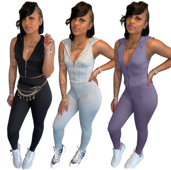 

women solid color sweatsuit zipper vest 2 piece set sleeveless t shirtleggings fashion summer clothing slim outfits casual jogger suit 2789, White