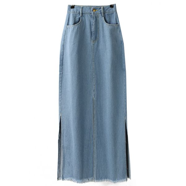 

women's denim skirt new 2019 summer fashion popular raw edge split slim wild long section denim skirt female s62, Black