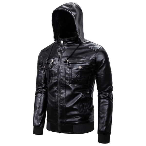 

winter men's leather jacket plus velvet warm leather hooded jacket men coat, Black;brown