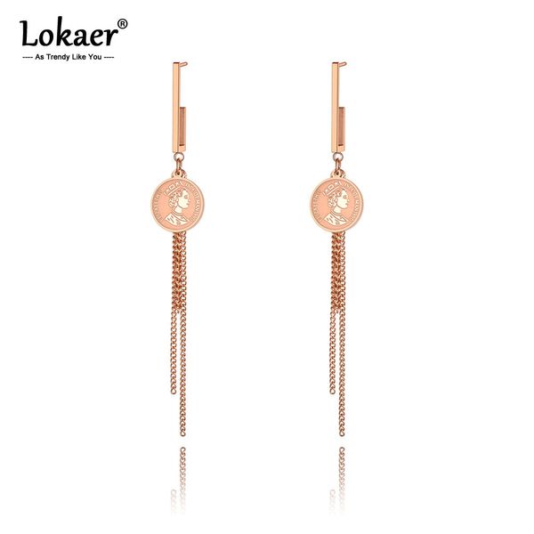 

lokaer original design stainless steel rose gold queen coin tassel earrings trendy chain dangle earrings for women girls e19270, Silver