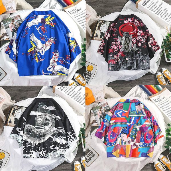 

traditional japanese kimonos cardigan men women sunscreen thin loose printing summer kimono shirt yukata asian clothes, Red