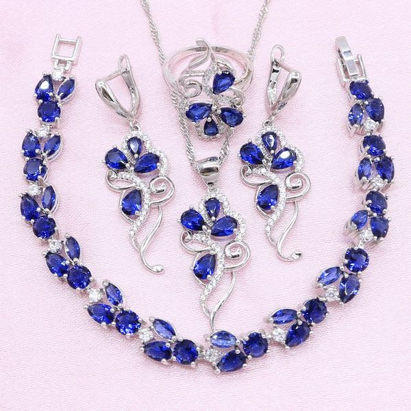 

noble 925 silver wedding jewelry sets for women royal blue cubic zirconia exquisite earring pendant necklace ring bracelet