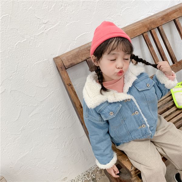 

new winter korean style warm thick denim jacket with lamb fur outwear both for boys and girls, Blue;gray