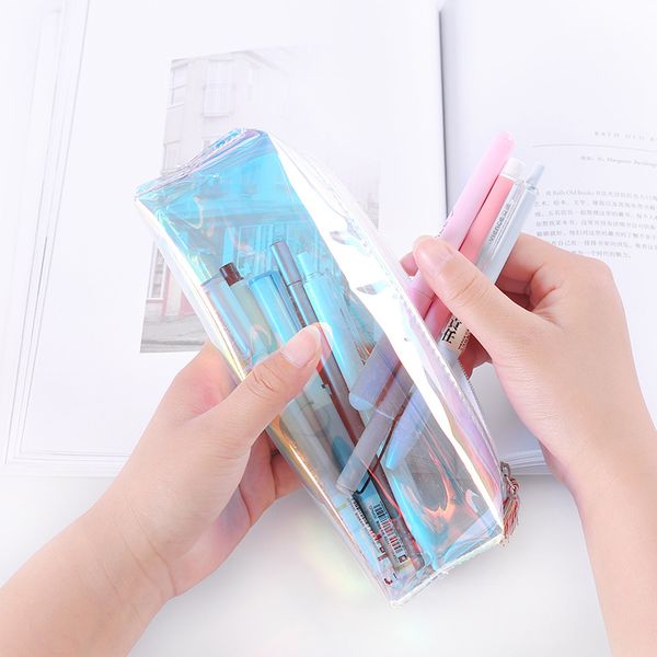 

12 pcs holographic iridescent laser pencil case quality pu school supplies stationery cute pencil box bag wholesale