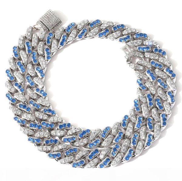 

12mm 16 18 20 22 24inch white gold plated blue cz cuban chains necklace bracelet for men hip hop jewelry, Silver