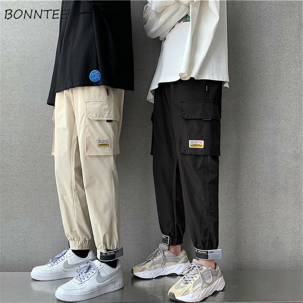 

men casual pants fitness cargo japanese multi pockets streetwear kpop sweatpants mens jogger trousers khaki black workwear patch
