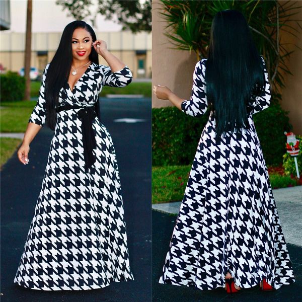 

skirt dress houndstooth pattern long skirt dresses v-neck bow belt women's clothing super print fashion clothes 232, Black;gray