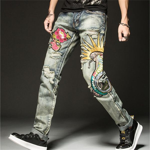 

высокое качество мужские вышитые джинсы, Blue