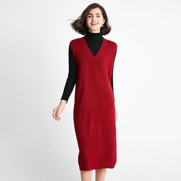 

autumn winter fashion loose vest dress v neck warm sweater dress women pullover sleeveless casual red knitted, Black;gray
