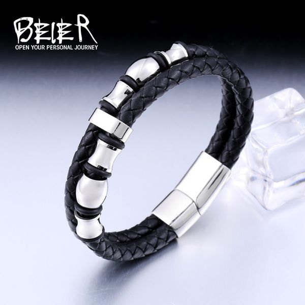 

beier genuine leather bracelet double layer silver color special jewelry for men father's day gift bc-l020, Golden;silver