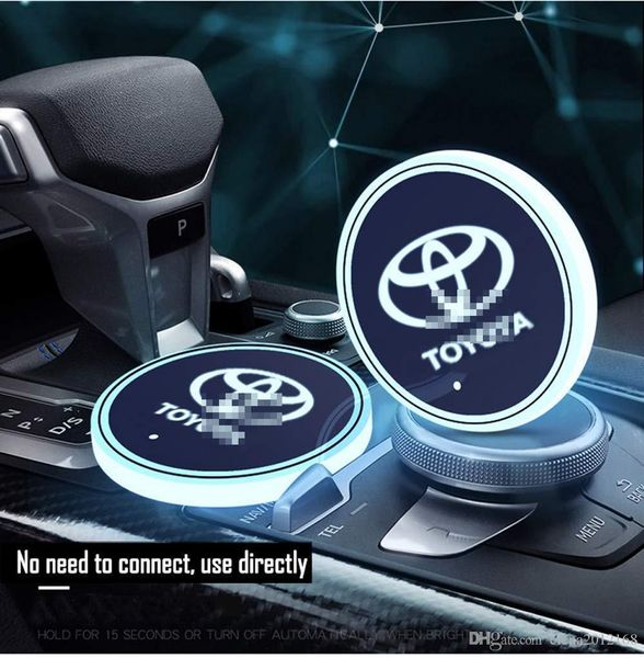 2pcs LED Car Logo Cup Holder Pads 7 Colors Changing USB Charging Mats Bottle Coasters Car Atmosphere Lamps