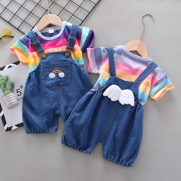 

summer children cotton baby boy girls clothes stripe printed t shirts bib shorts 2pcs/sets infant kid fashion toddler tracksuits, White