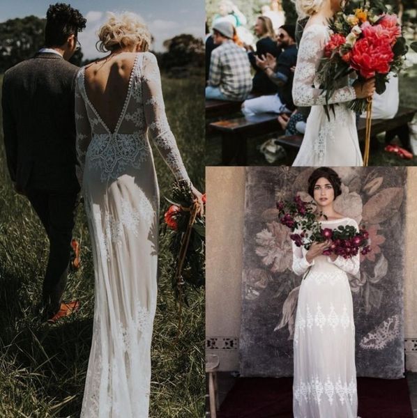 

vintage lace applique bohemian country long sleeve wedding dresses 2020 plus size low back applique edge garden beach boho wedding gown