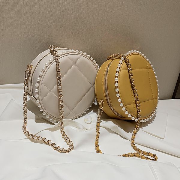 

plaid pearl round crossbody bag 2020 fashion new high-quality pu leather women's designer handbag chain shoulder messenger bag