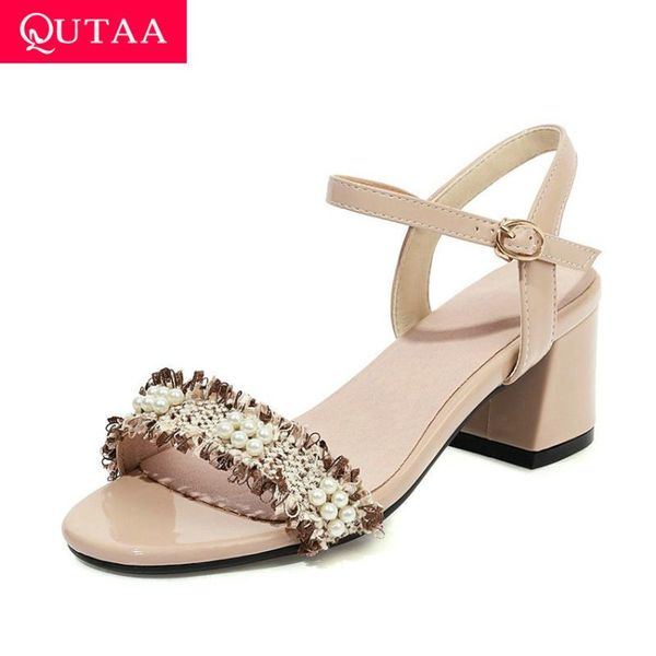 

qutaa 2020 square high heel elegant sandals summer buckle hollow ladies pumps pu leather cloth fashion women shoes big size34-43, Black