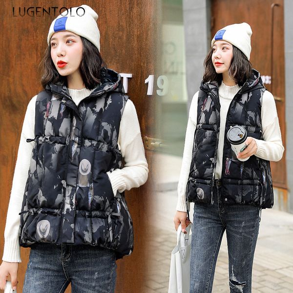 

lugentolo womens vest fashion casual cotton vest female short paragraph 2019 autumn and winter students hooded cotton, Black;white