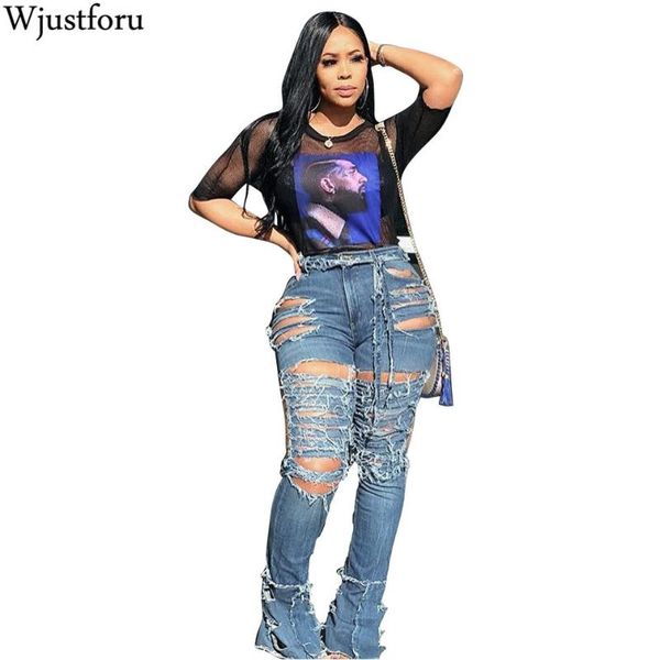 

wjustforu hollow out ripped jeans for women personality high waist holw denim pants femme bodycon club pencil pants vestido, Blue