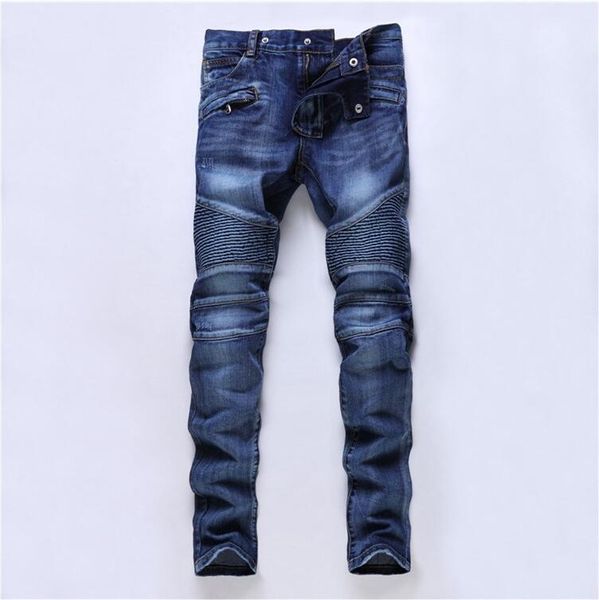 

new designer mens jeans skinny pants casual jeans men fashion distressed ripped slim motorcycle moto biker denim hip hop pants, Blue
