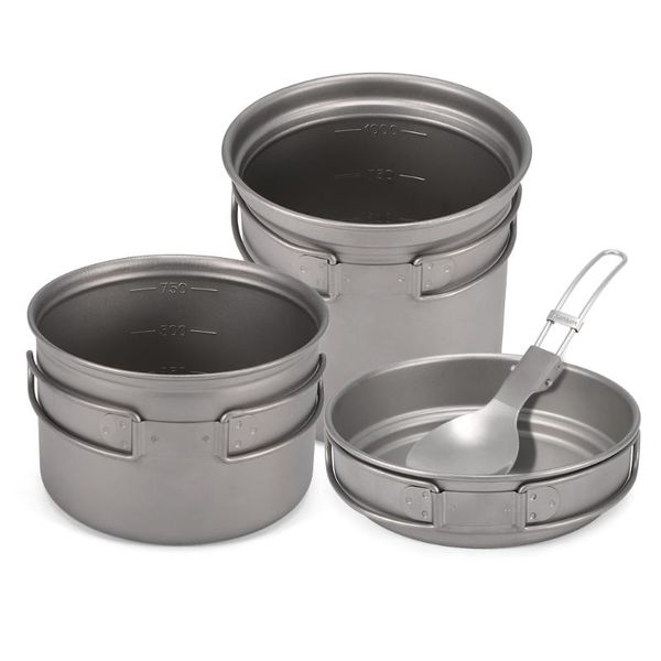 

camping titanium cookware set 1000ml 750ml pot pan spoon set for outdoor camping hiking picnic equipment