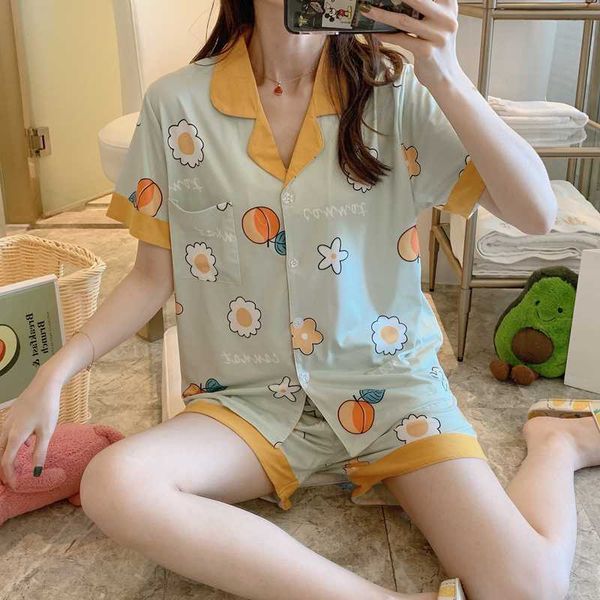 

summer cool women lapel pajamas cartoon printing suit short-sleeved pants sleepwear casual home service pijamamujer home service, Black;red