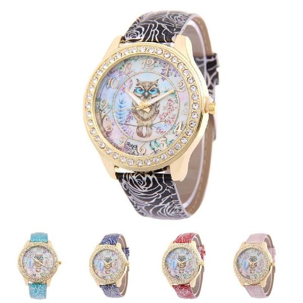 

women quartz wrist watch owl pattern dial with pu leather watch band casual watches k2, Slivery;brown