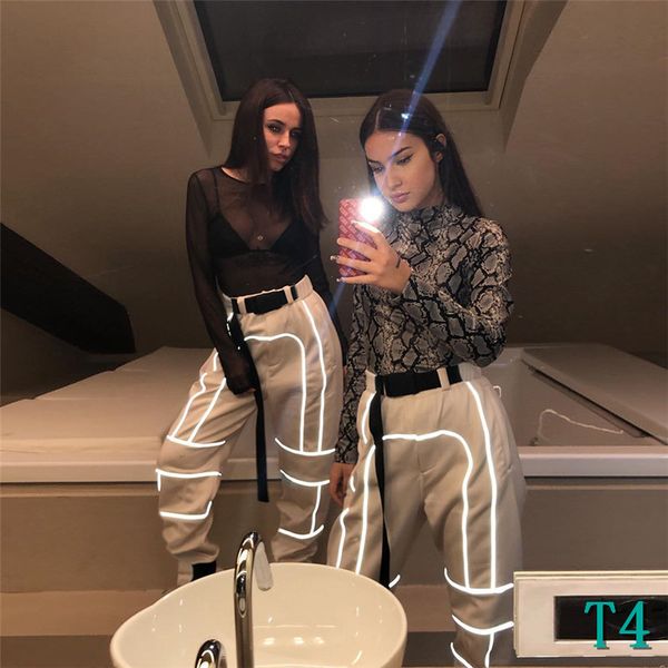 

designer women's reflective pants explosion models 2019 spring new women's reflective patchwork casual cargo pants khaki gray blac, Black;white