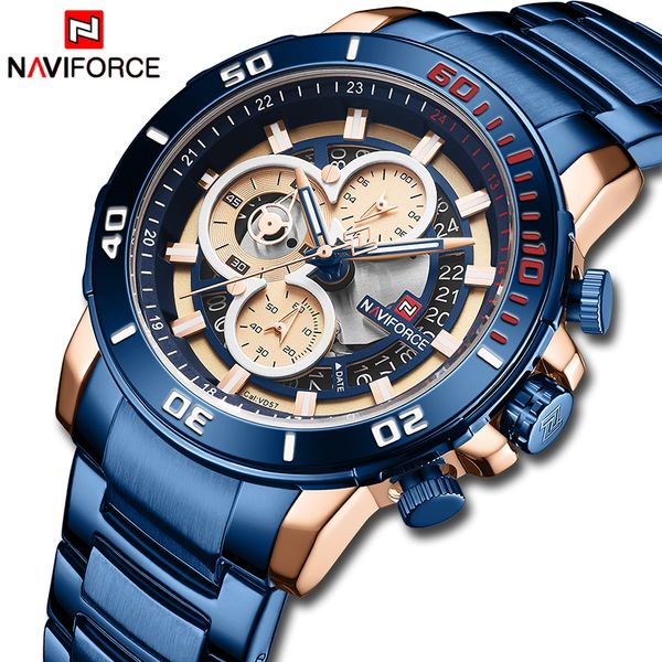 

new naviforce watch men stainless steel waterproof quartz mens watches chronograph sports wristwatch male clock, Slivery;brown