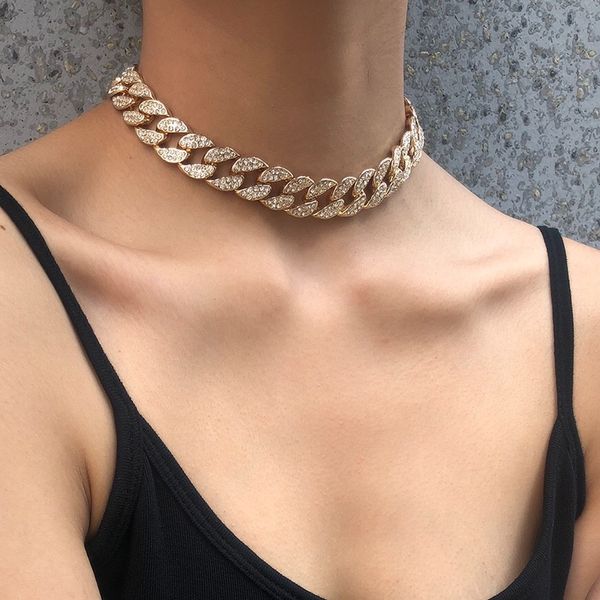 

fashion designer luxury sparkling exaggerated big chain rhinestone diamond golden link chain choker statement necklace for woman girls, Golden;silver