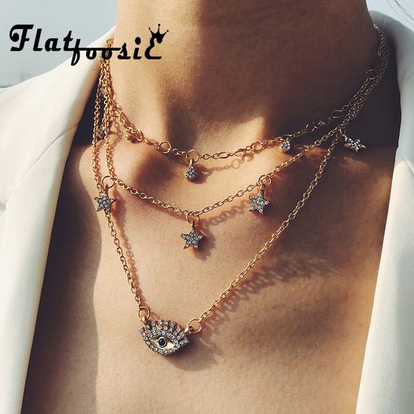 

flatfoosie multilayer necklace for women long chain eyes pendant necklaces trendy crystal star water statement necklaces jewelry, Silver