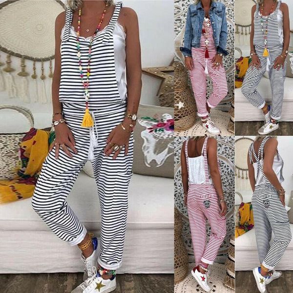 

2020 summer women jumpsuits dungarees harem strap jumpsuits loose baggy striped casual overalls, Black;white