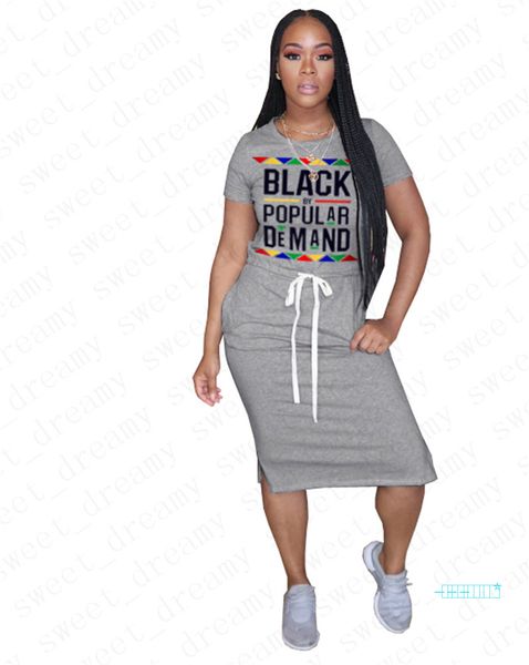 

2020 summer women dress short sleeve lace-up elastic waist tea-length midi dresses street fashion black by popular demand clothes skirtd5716, Black;gray