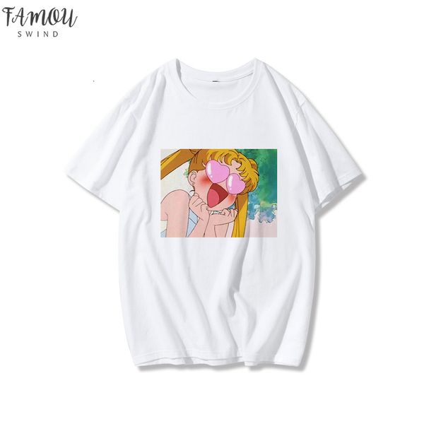 

sailor moon funny cartoon cute print women summer new fashion loose head chic harajuku v neck vintage o neck casual women, White
