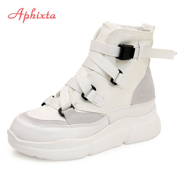 

aphixta platform martins boots shoes women canvas boots motorcycle high height increasing ladies shoes botin mujer, Black