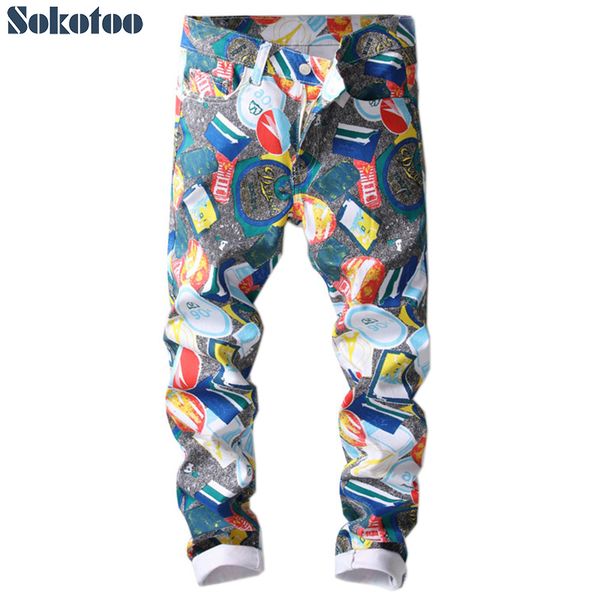 

sokotoo men's colored pattern 3d printed jeans fashion slim skinny geometric painted denim pants, Blue