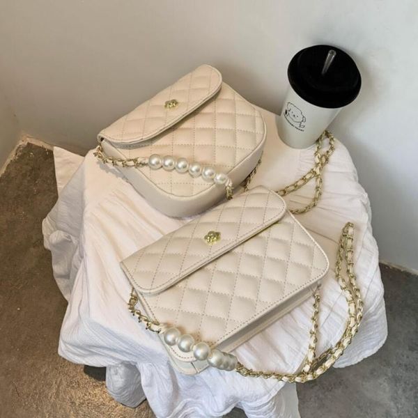 

lattice square crossbody bag 2020 new high-quality pu leather women's designer handbag pearl chain shoulder messenger bag purses