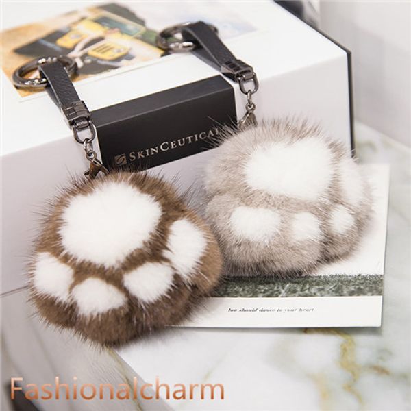 

cute real genuine fur paw pompom ball bag charm keychain pendant gift, Silver