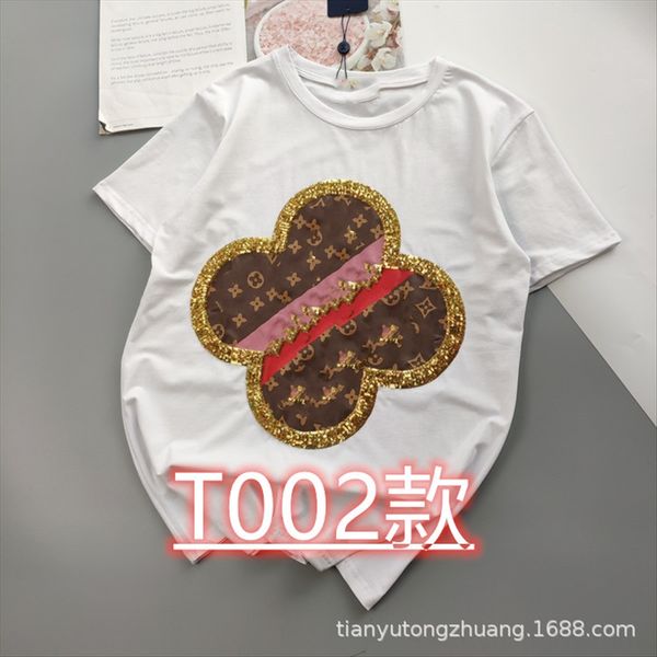 

t002 2020 summer casual embroidery printing round sequins t-shirt sequins collar women's t-shirt, White