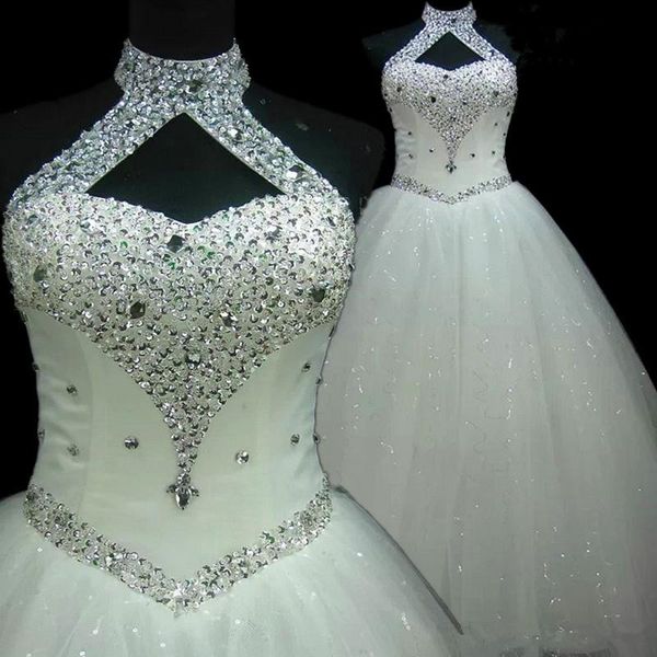 

african arabic beach dresses beaded crystal halter neck ball gown wedding dress lace up bridal gowns fast delivery, White