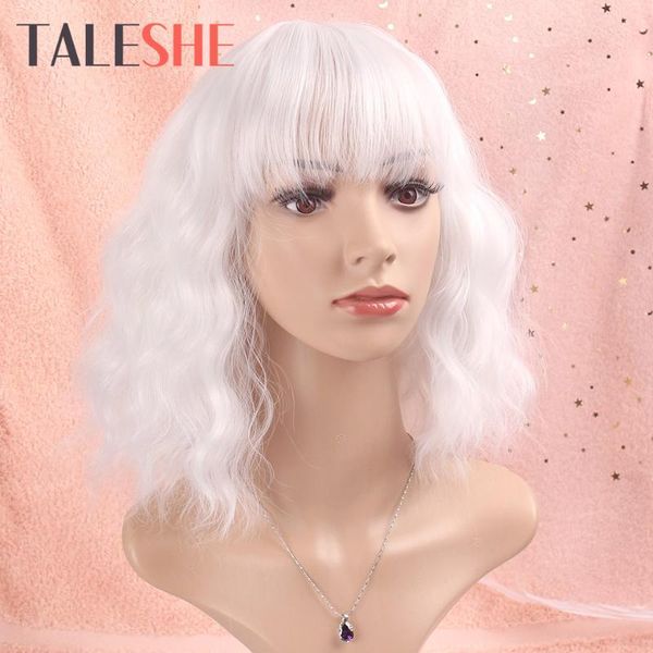 

synthetic wigs white short wavy for women african american hair pink with bangs natural heat resistant cosplay taleshe, Black