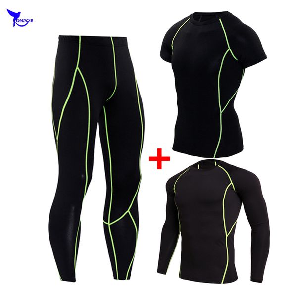 

running sets quick dry compression 2 pieces set tracksuit 2021 fitness tight sportswear t-shirt leggings mens gym training sport suit, Black;blue