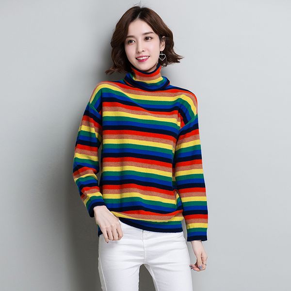 

100% wool brand sweater fall winter women sweater new hit color rainbow stripes short thicken pullovers female, White;black