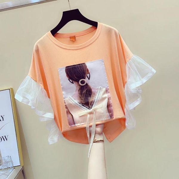 

сетка строчка печати лук с коротким рукавом хлопок футболка женский летний топ свободные футболки девушки студенты топы футболки тройники, White