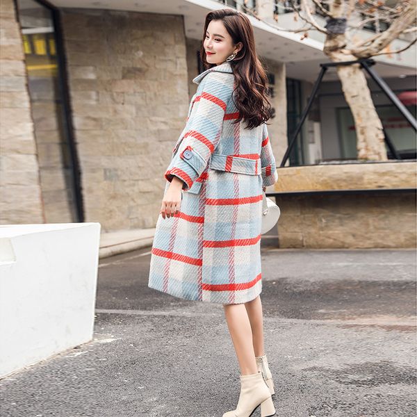 

office lady plaid long woolen winter coats double breasted wool coat and jacket turn-down collar ladies coats, Black