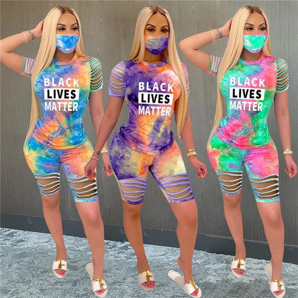 

s-3xl black lives matter letters shorts set with ripped holes tie-dye tracksuit short sleeve outfit sportswear sweatsuit joggers set d61206, White