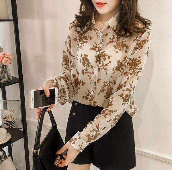 

FebruaryfrostWomen Long Sleeve Print Chiffon Blouse Shirt Plus Size OL Blouse Women Blusa Feminina Shirt