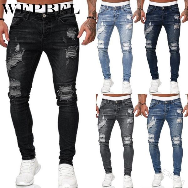 

wepbel skinny trousers men's jeans pants ripped slim biker sweatpants hole outwears casual summer autumn male pants, Blue