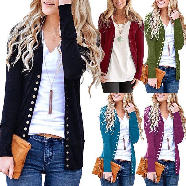 

2019 women v-neck button down knitwear coat ladies long sleeve casual soft basic knitted snap cardigan new, Black;brown