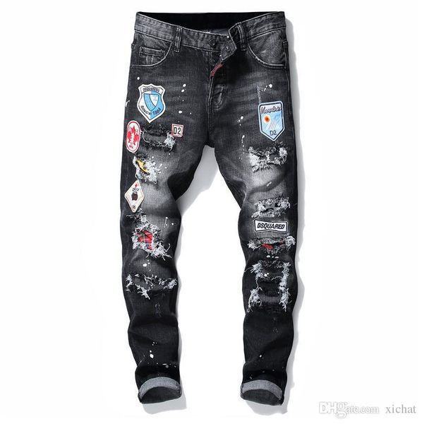 

2019 men badge rip tretch black jean fa hion de igner lim fit wa hed motocycle denim pant panelled hip hop trou er 10200, Blue